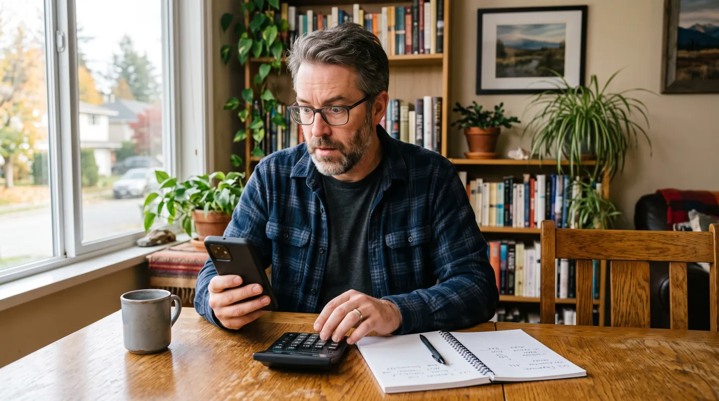 A person at home checking a savings detail on a smartphone beside a calculator and notebook
