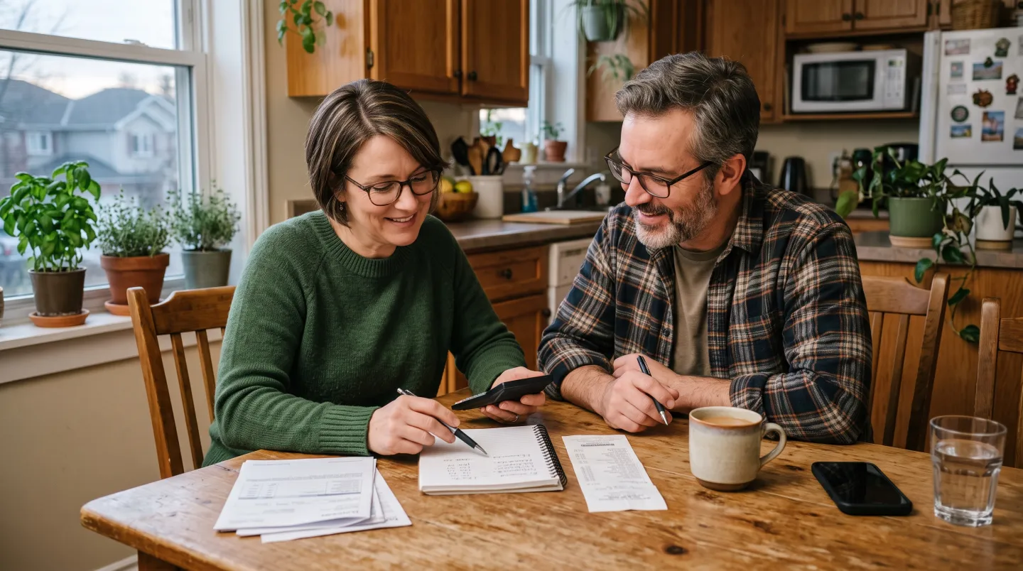 A couple at a kitchen table reviewing everyday household spending with a calculator and receipt