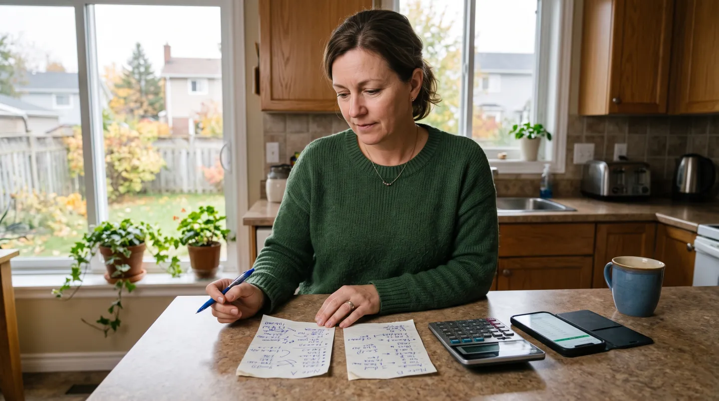 An adult at a kitchen counter comparing two simple savings notes beside a calculator and phone